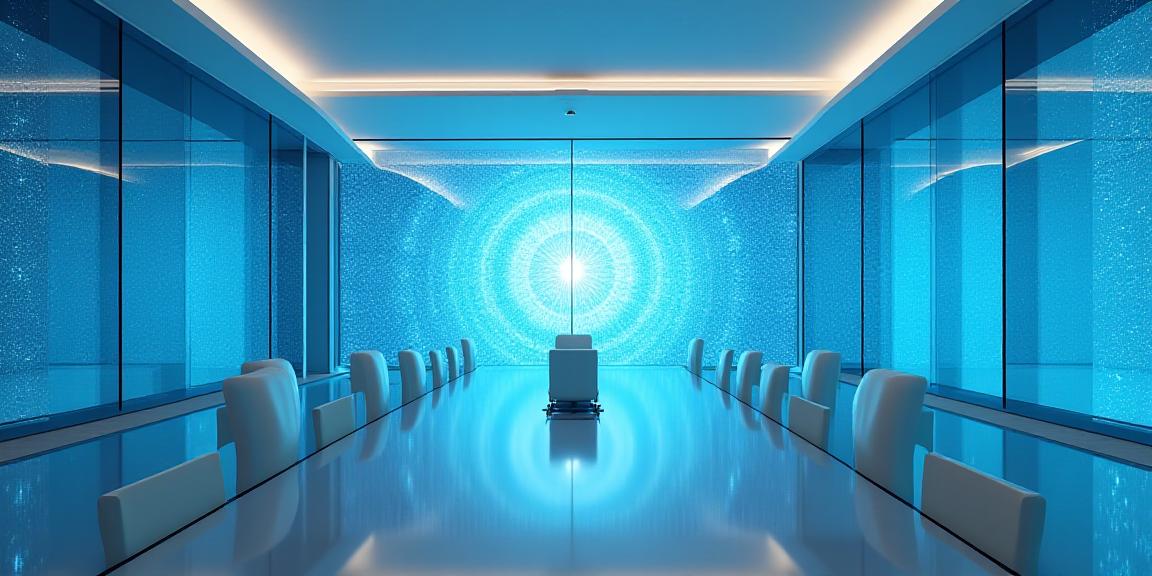 Modern high-tech advisory interior with cosmic maps